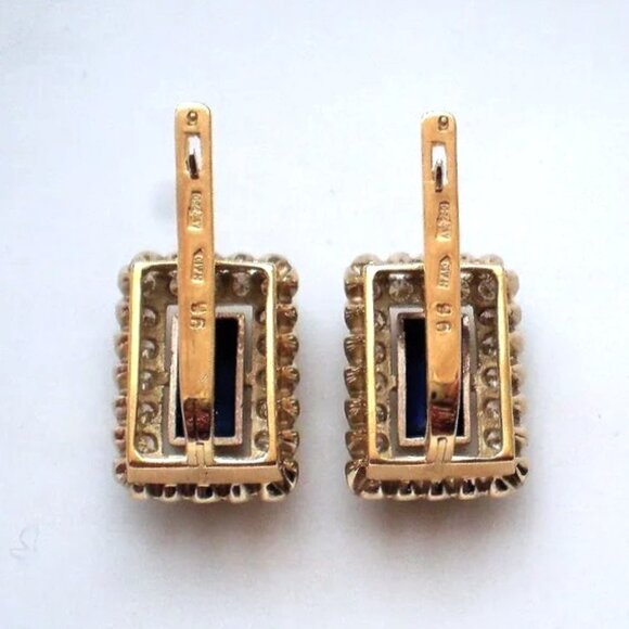 Russian USSR 18K 750 Yellow White Gold Diamond Sapphire Cluster Dangle Earrings - Picture 3 of 9